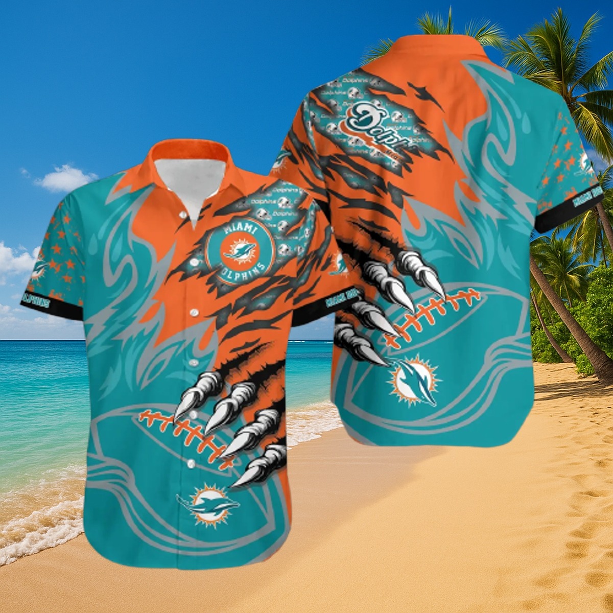 Men s Miami Dolphins Hawaiian Shirt with Fierce Claw Marks Football Graphic - Tropical Button Down