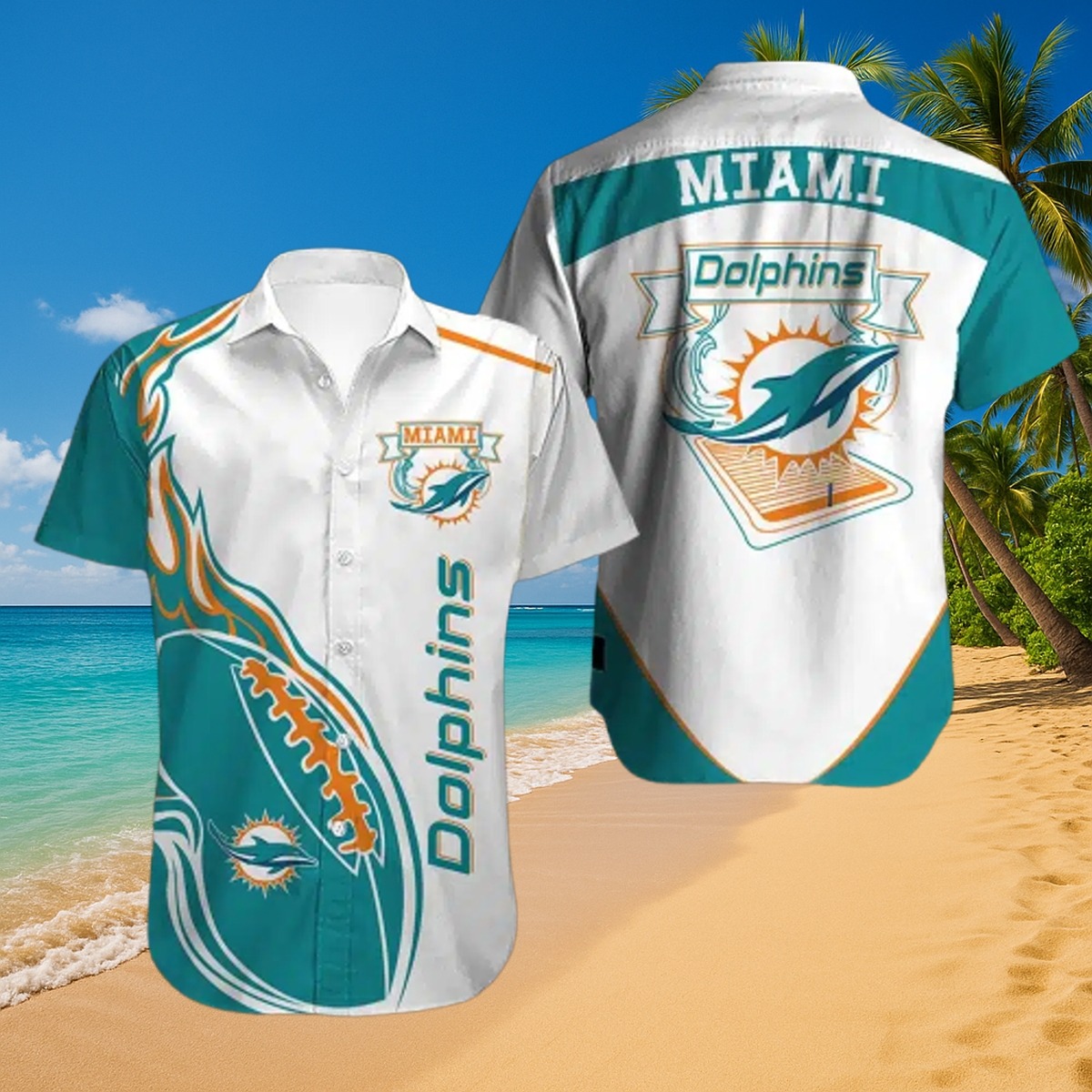 Men s Miami Dolphins Hawaiian Shirt with Football Graphic - Teal Orange White Tropical Button-Down
