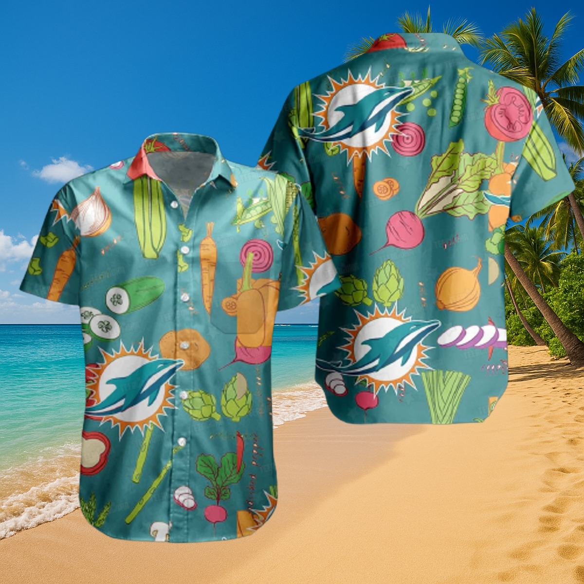 Men s Miami Dolphins Hawaiian Shirt with Fresh Market Vegetable Print - Casual Summer Button-Down
