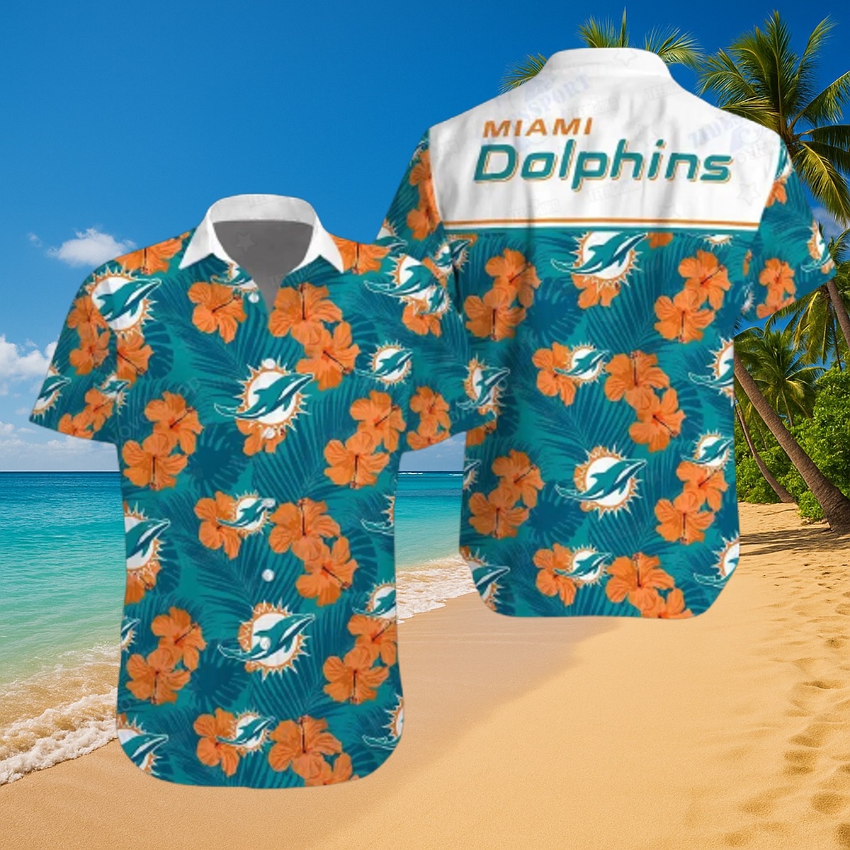 Men s Miami Dolphins Hawaiian Shirt with Hibiscus Floral and Palm Print - Tropical Casual Button-Down