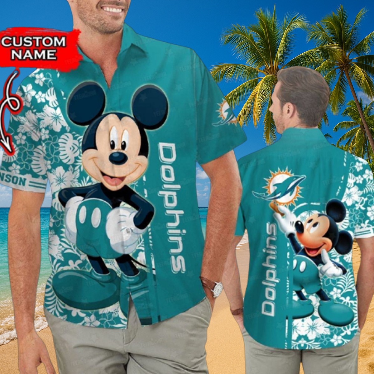 Men s Miami Dolphins Hawaiian Shirt with Mickey Mouse Tropical Floral Print Casual Summer Button-Down