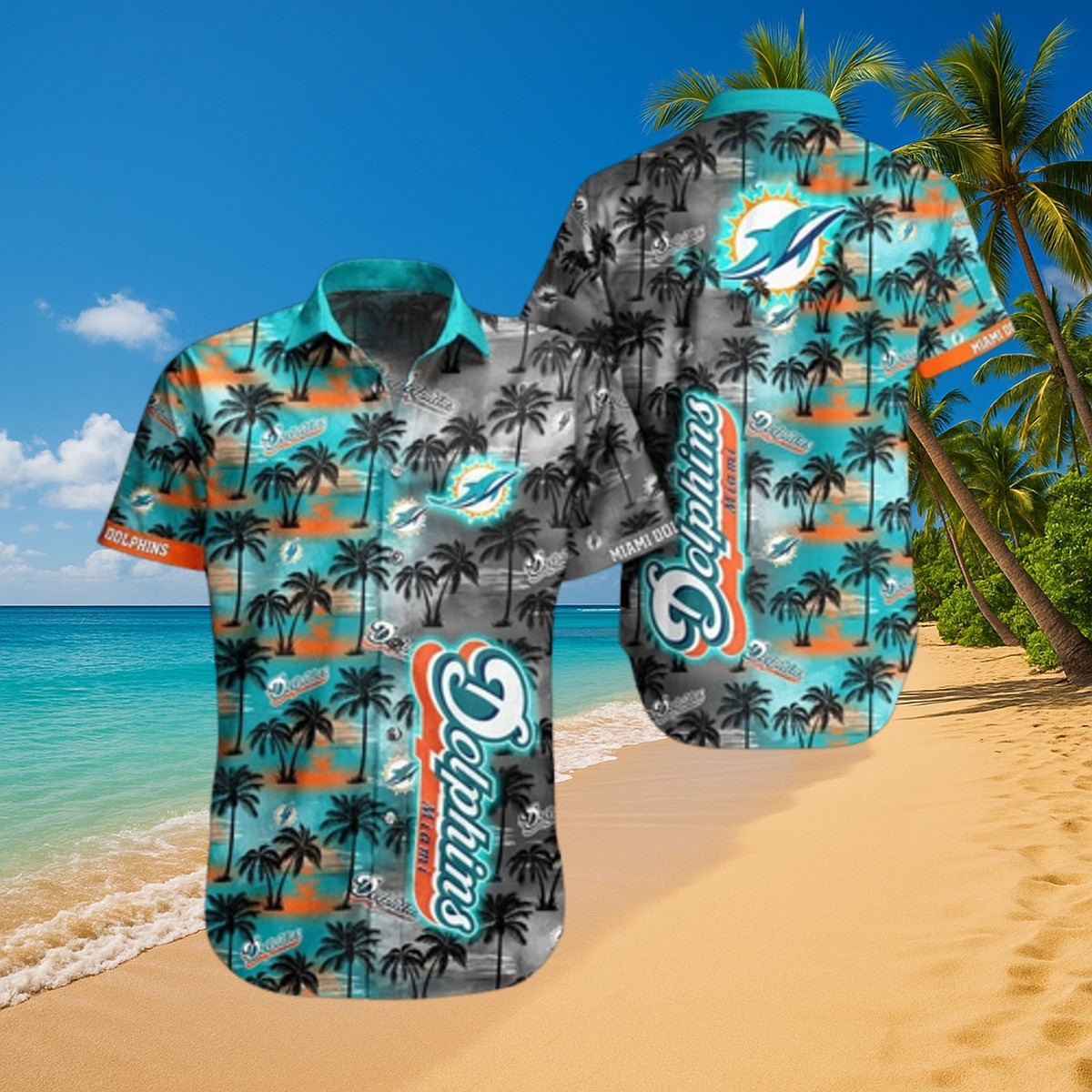 Men s Miami Dolphins Hawaiian Shirt with Palm Tree Print - Tropical Casual Button-Down
