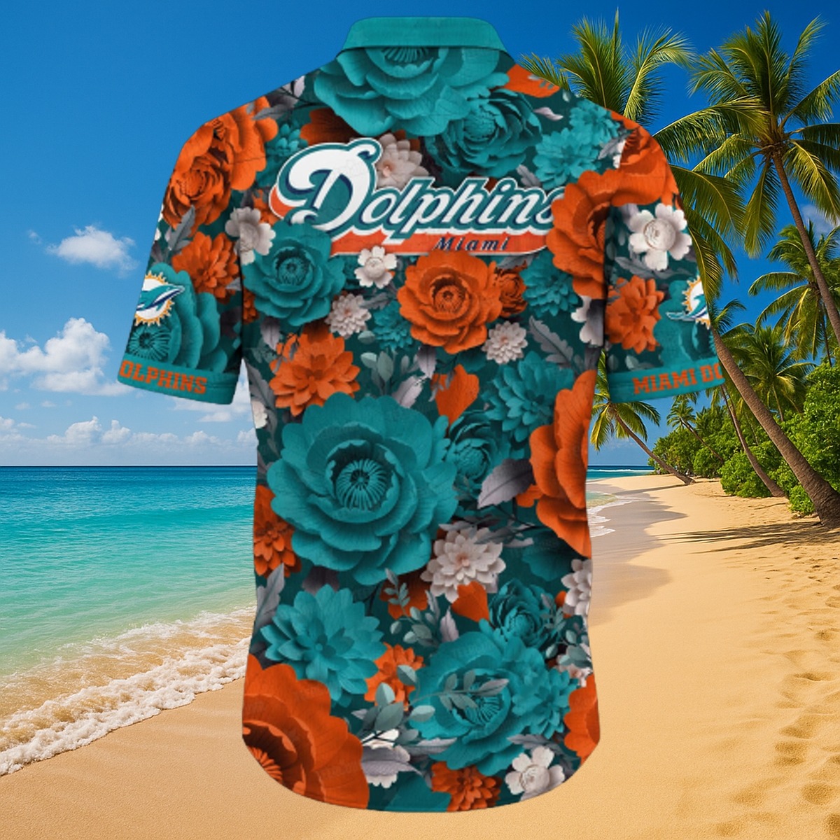 Men s Miami Dolphins Hawaiian Shirt with Teal Orange Floral Print - Casual Summer Button-Down