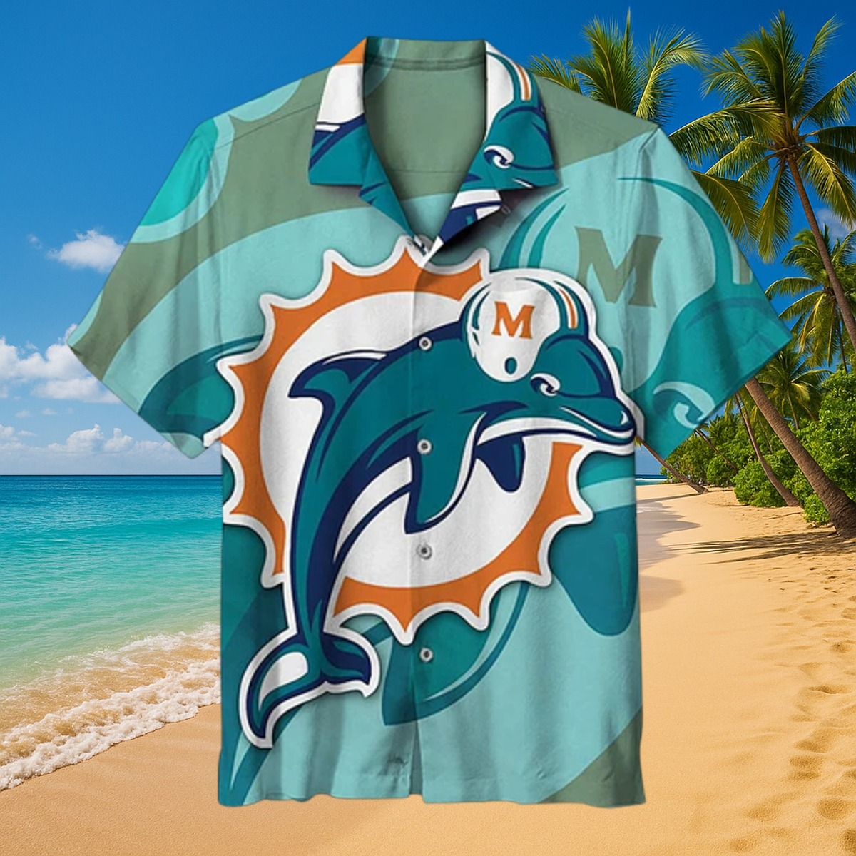 Men s Miami Dolphins Hawaiian Shirt with Team Emblem and Tropical Wavy Pattern Button-Down