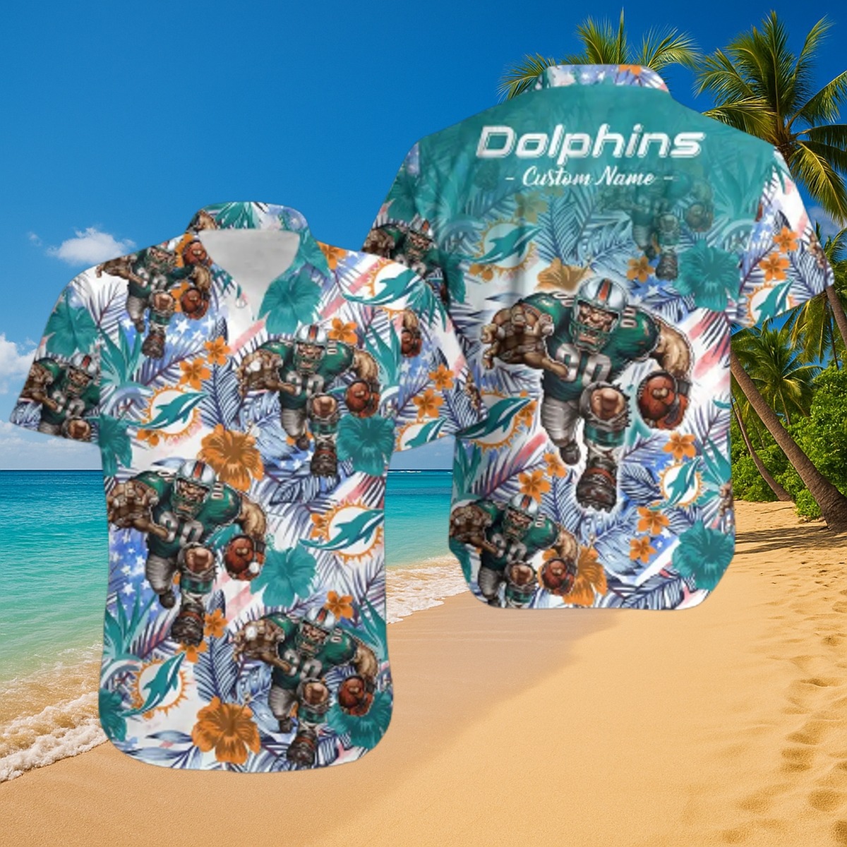 Men s Miami Dolphins Hawaiian Shirt with Tropical Floral Print and Football Player Graphic - Summer Beach Button-Down