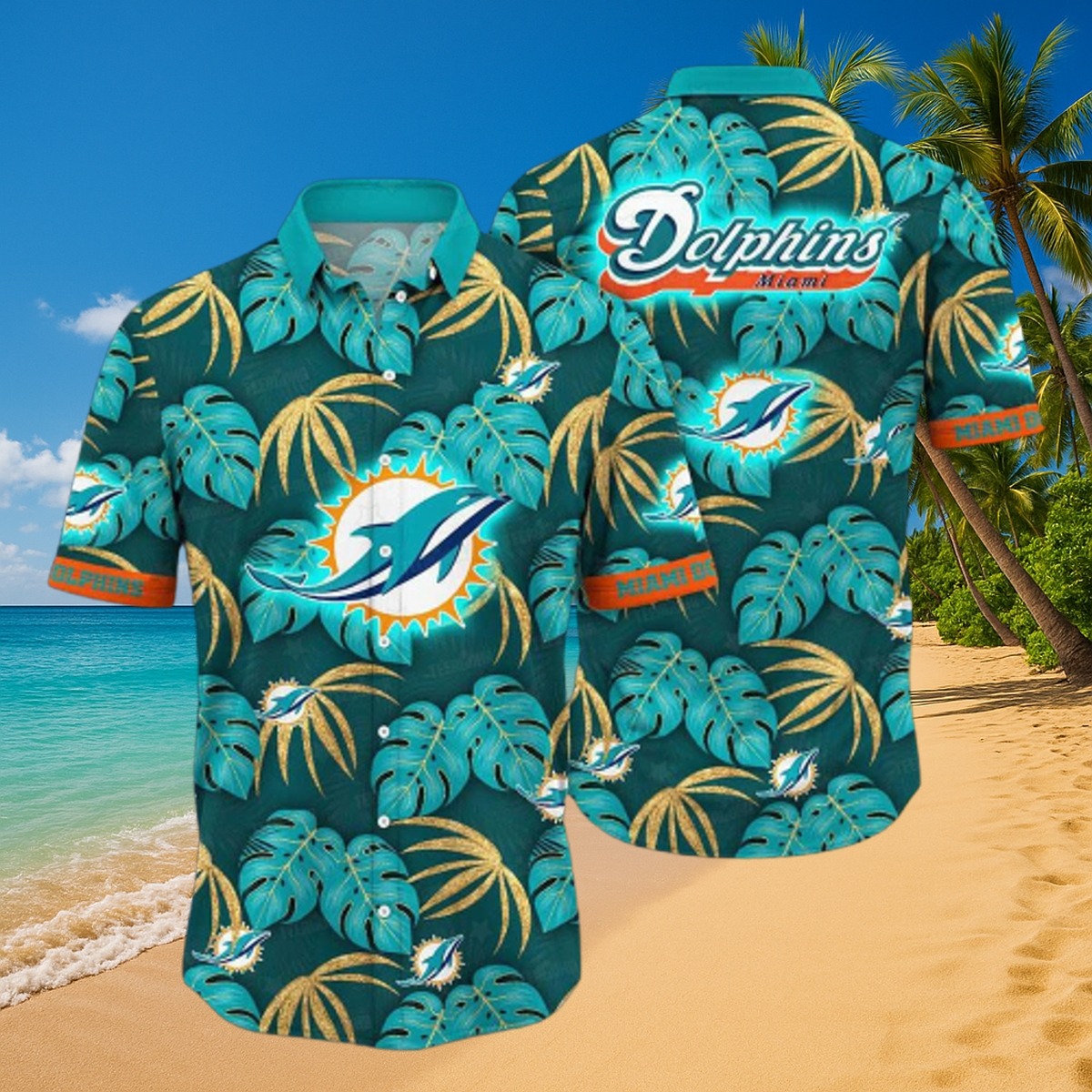 Men s Miami Dolphins Hawaiian Shirt with Tropical Leaf Palm Print - Button-Down Summer Beach Shirt