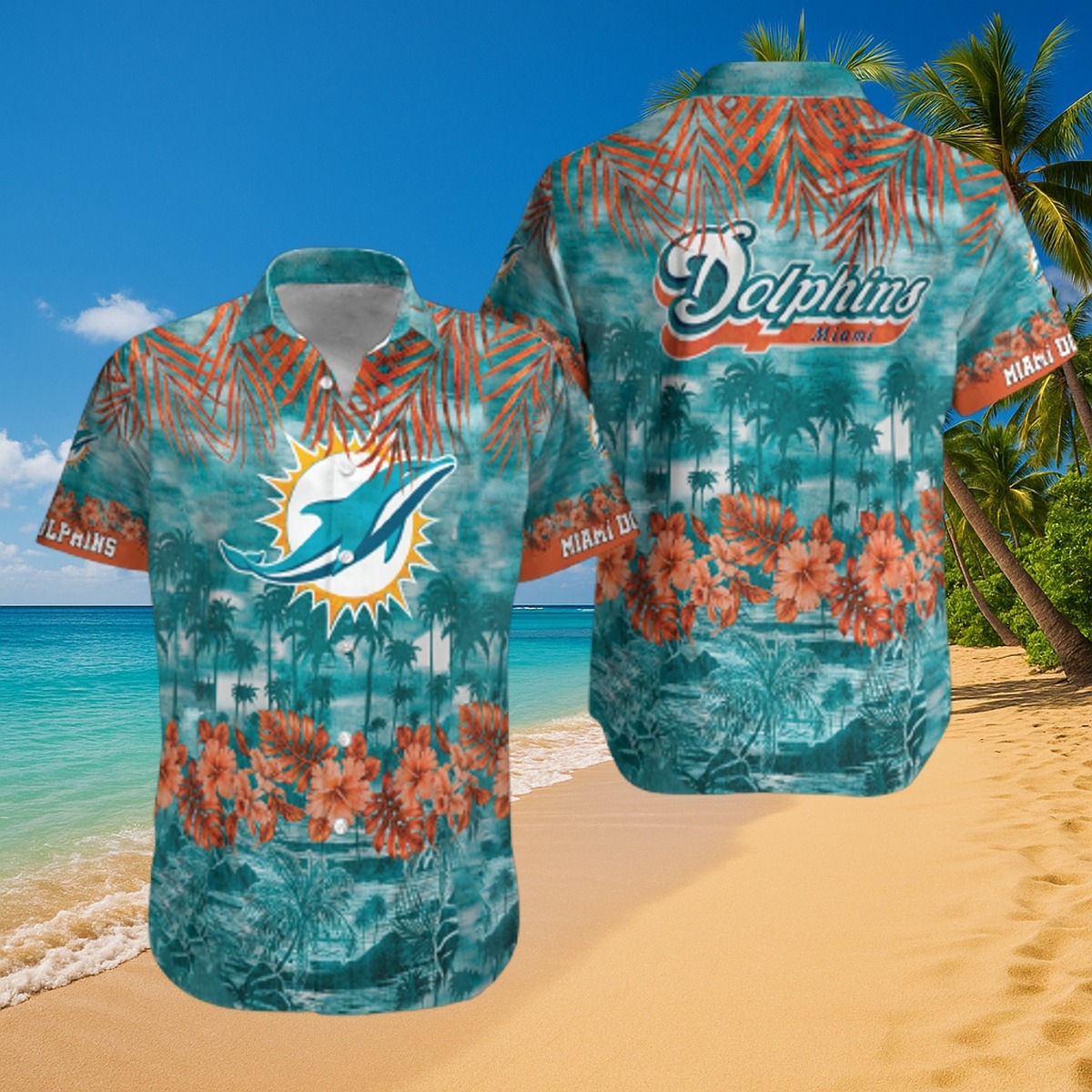 Men s Miami Dolphins Hawaiian Shirt with Tropical Palm Tree Flower Print - Aqua Orange Button Down Beach Shirt