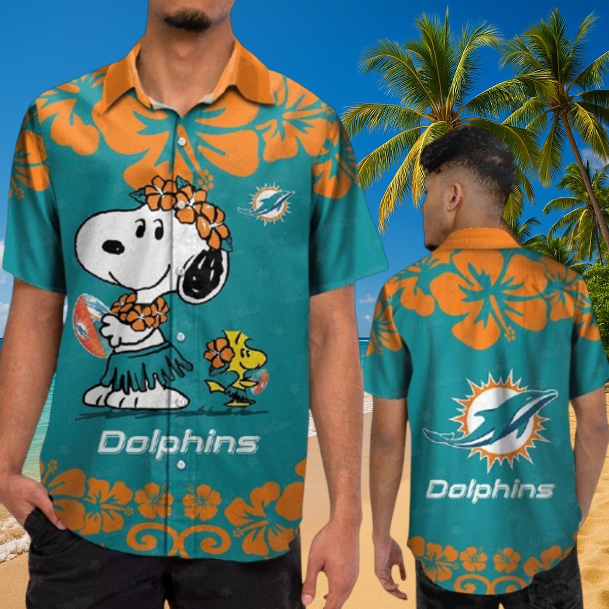 Men s Miami Dolphins Hula Snoopy Woodstock Tropical Hawaiian Button-Down Shirt