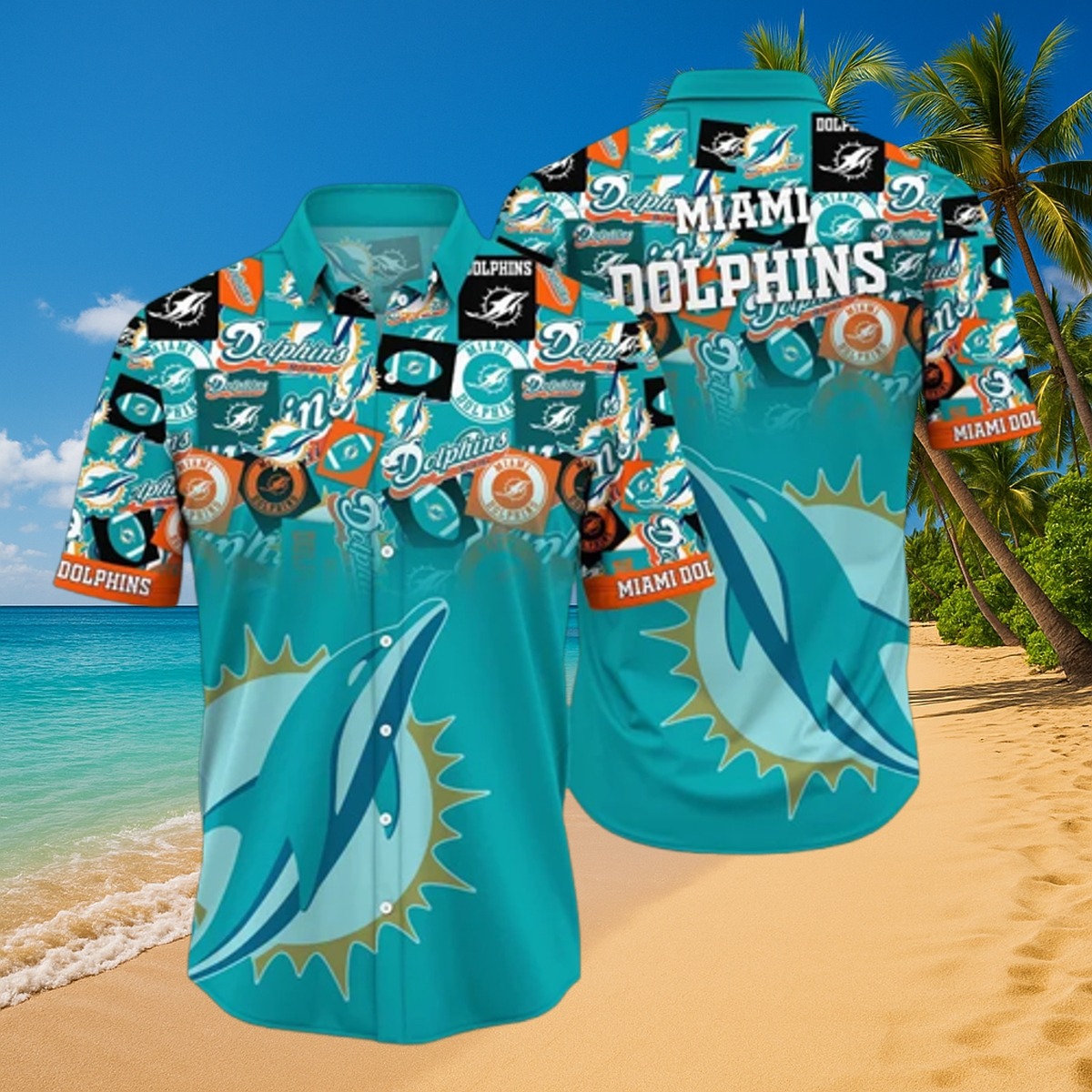 Men s Miami Dolphins Logo Collage Hawaiian Shirt - Tropical Button-Down