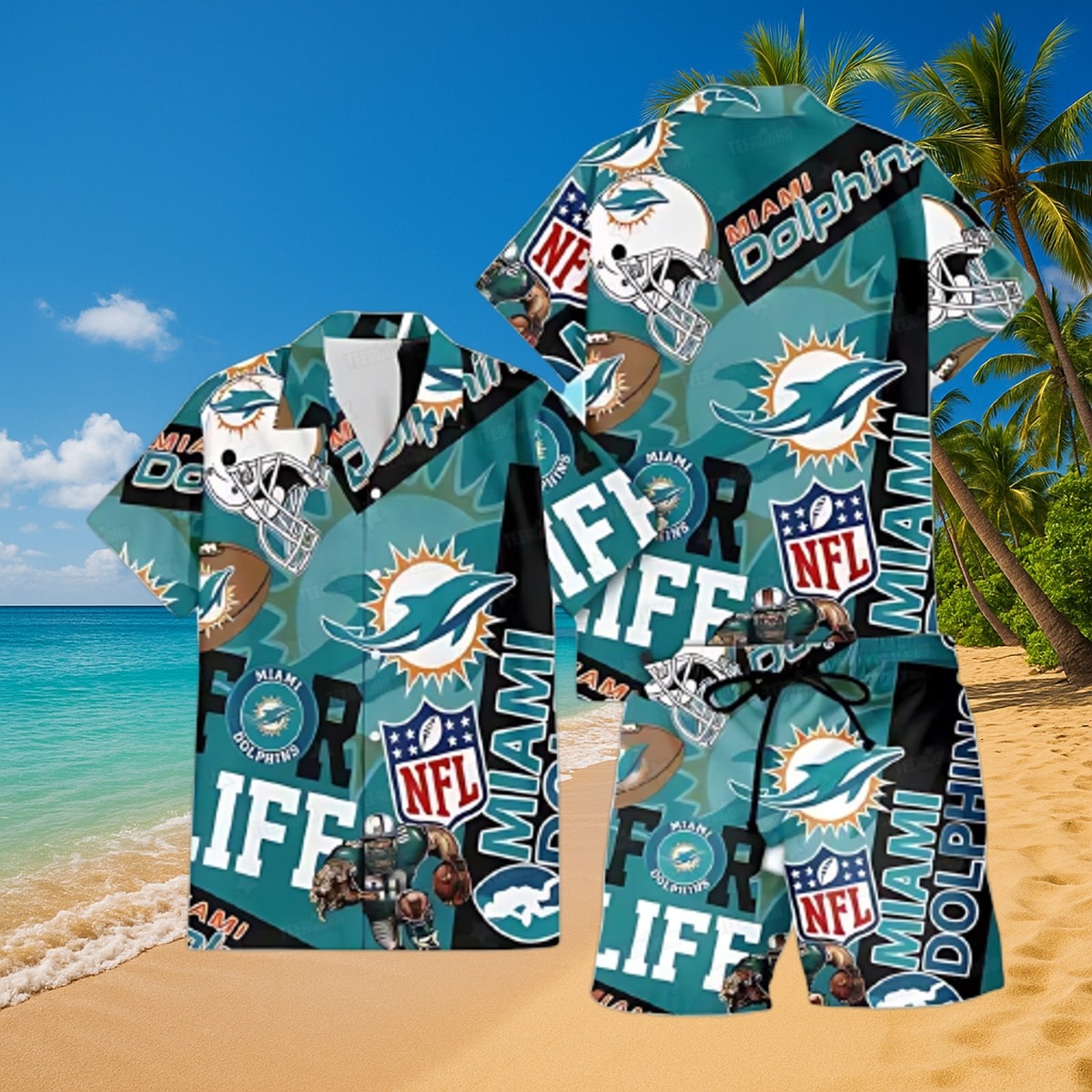 Men s Miami Dolphins NFL For Life Pattern Hawaiian Shirt Beach Shorts Set