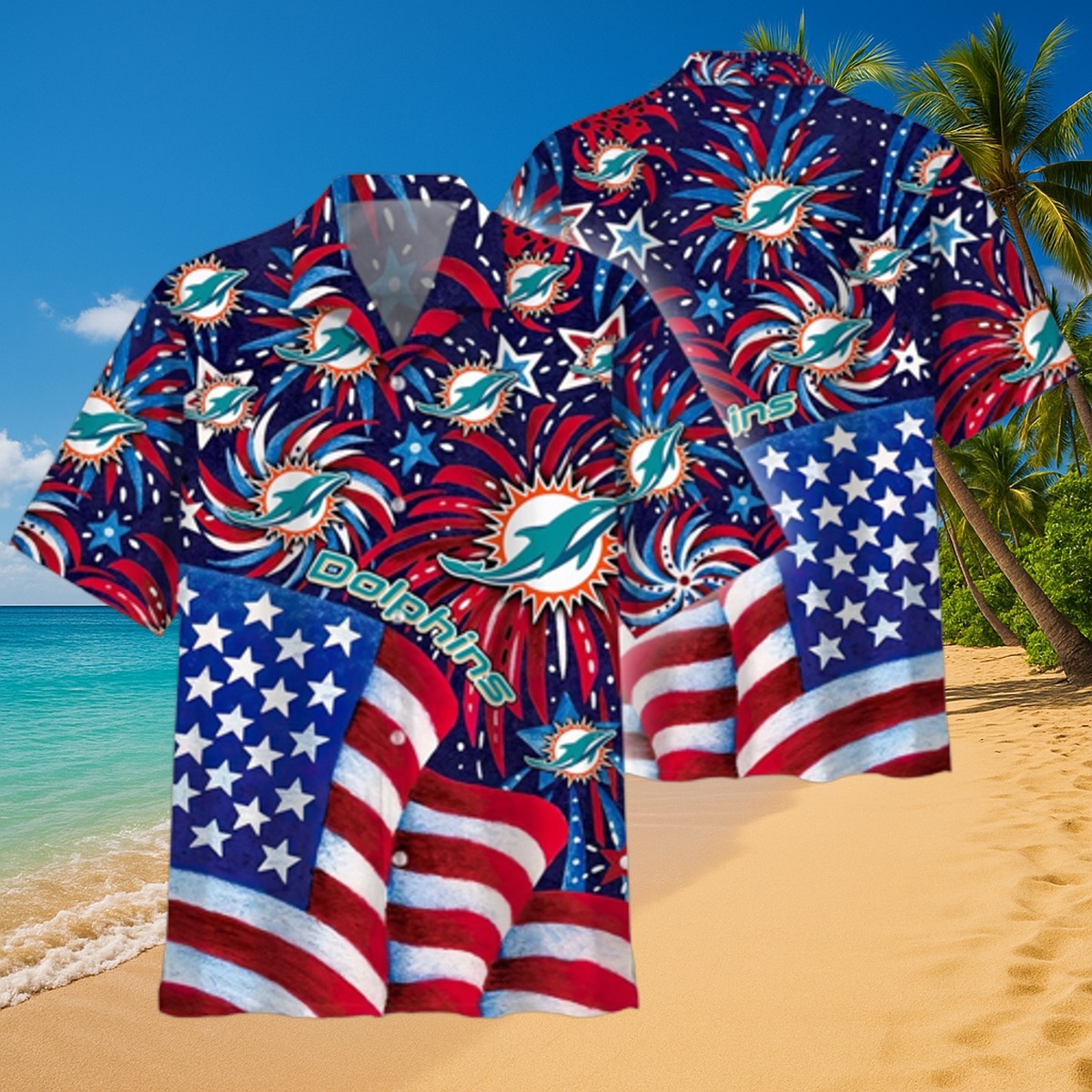 Men s Miami Dolphins Patriotic Hawaiian Shirt with Fireworks and American Flag Pattern
