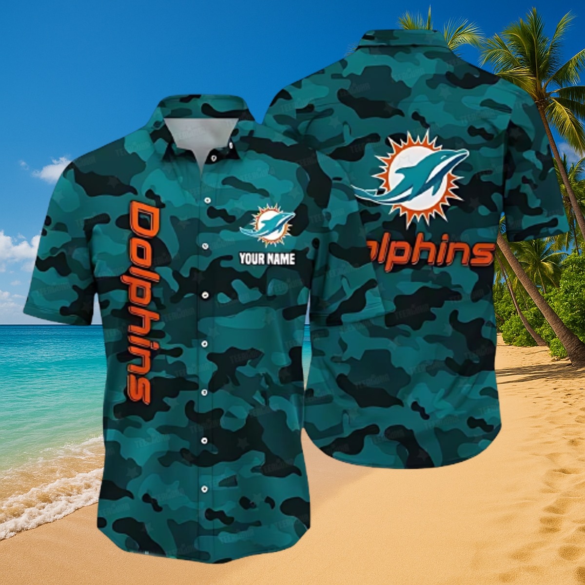 Men s Miami Dolphins Teal Camo Hawaiian Shirt - Button Down with Team Logo Vertical Text - Customizable