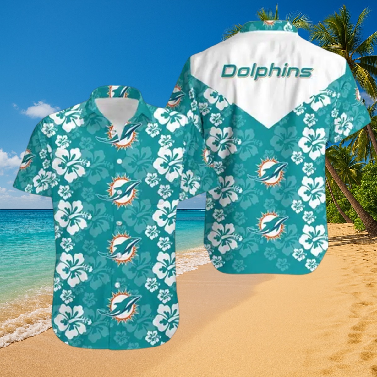 Men s Miami Dolphins Teal Hawaiian Shirt with Hibiscus Floral Print - Casual Short Sleeve Button Down
