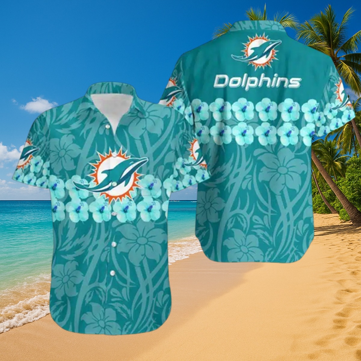 Men s Miami Dolphins Teal Hawaiian Shirt with Hibiscus Flowers and Logo Print - Casual Button-Down