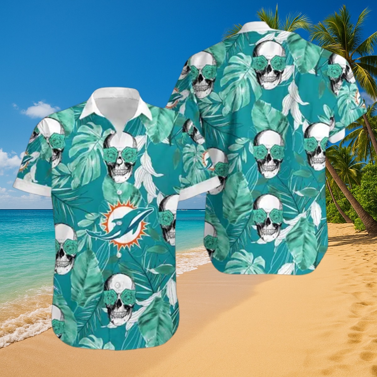 Men s Miami Dolphins Teal Hawaiian Shirt with Skull, Rose, and Tropical Leaf Print