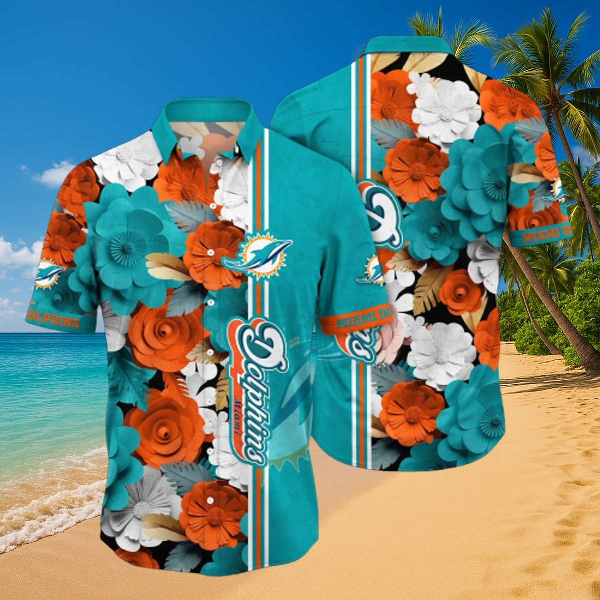 Men s Miami Dolphins Teal Orange Layered Floral Print Hawaiian Button-Down Shirt