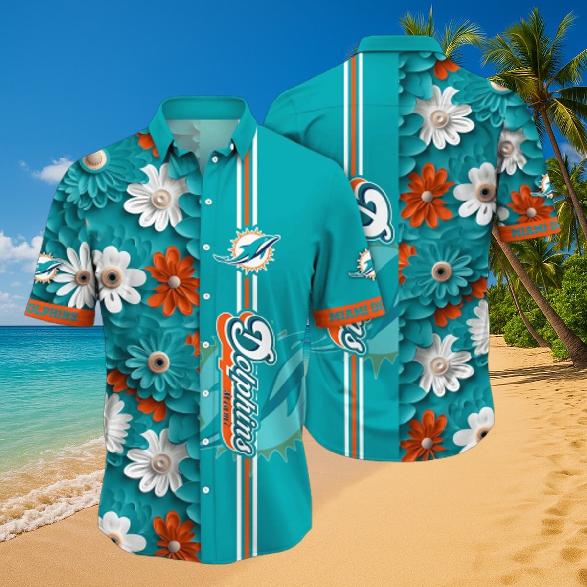 Men s Miami Dolphins Tropical Floral Hawaiian Button-Down Shirt