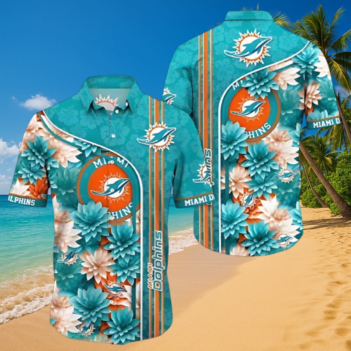 Men s Miami Dolphins Tropical Floral Hawaiian Button-Down Shirt - Teal Orange Stripe Print