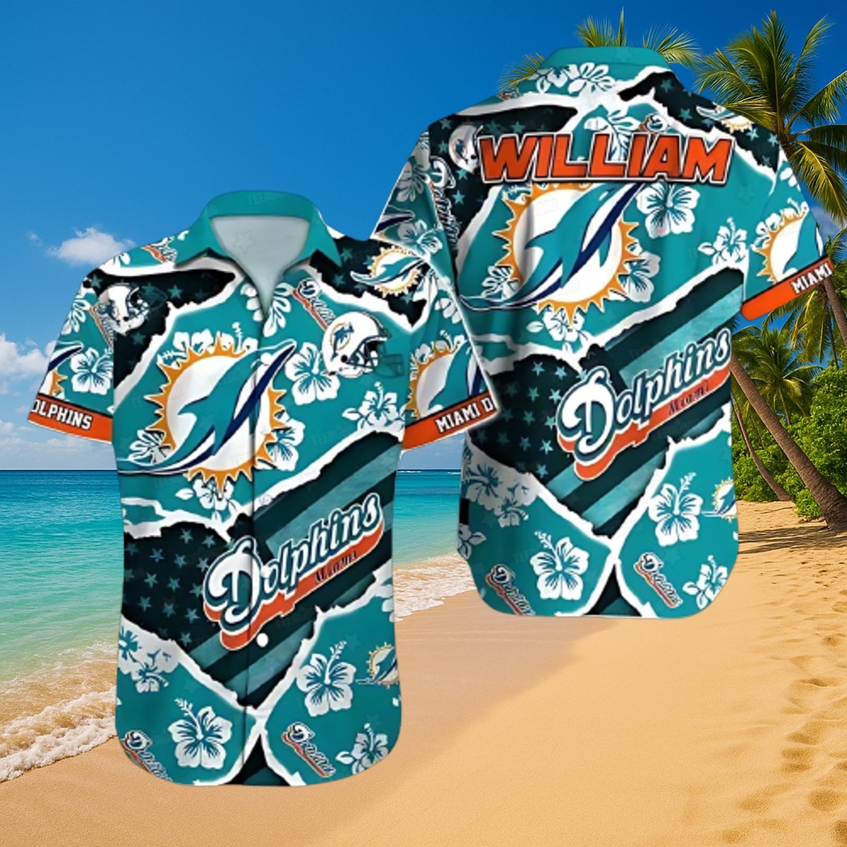 Men s Miami Dolphins Tropical Floral Hawaiian Shirt - Personalized Name Option Button-Down Beach Fan Gear