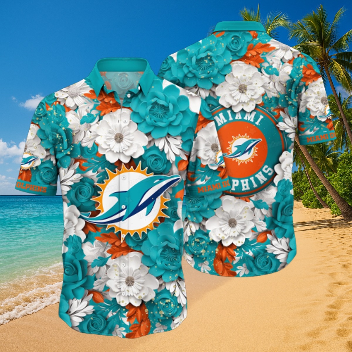 Men s Miami Dolphins Tropical Floral Print Hawaiian Button-Down Shirt - Teal Orange White