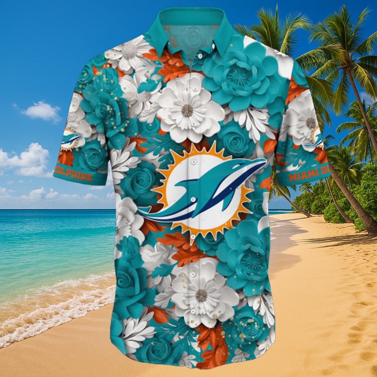 Men s Miami Dolphins Tropical Floral Print Hawaiian Button-Down Shirt - Teal Orange White