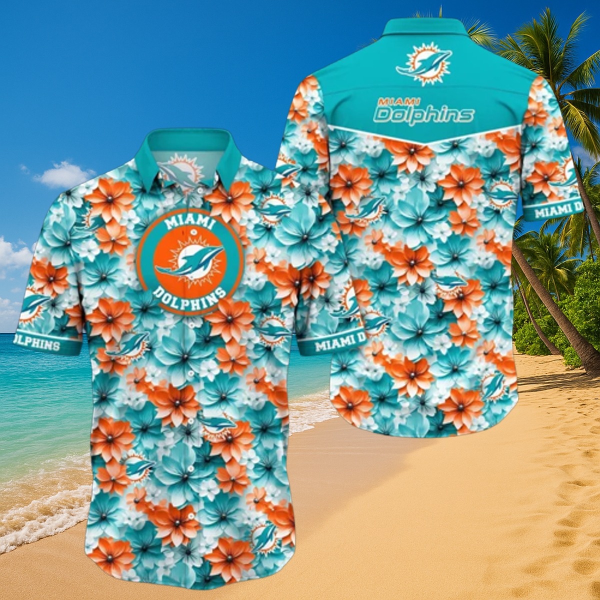 Men s Miami Dolphins Tropical Floral Print Hawaiian Button-Down Shirt