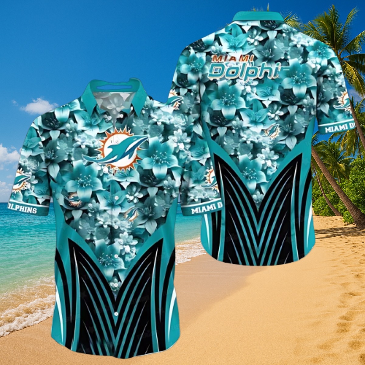 Men s Miami Dolphins Tropical Hawaiian Button-Down Shirt with Aqua Floral Print