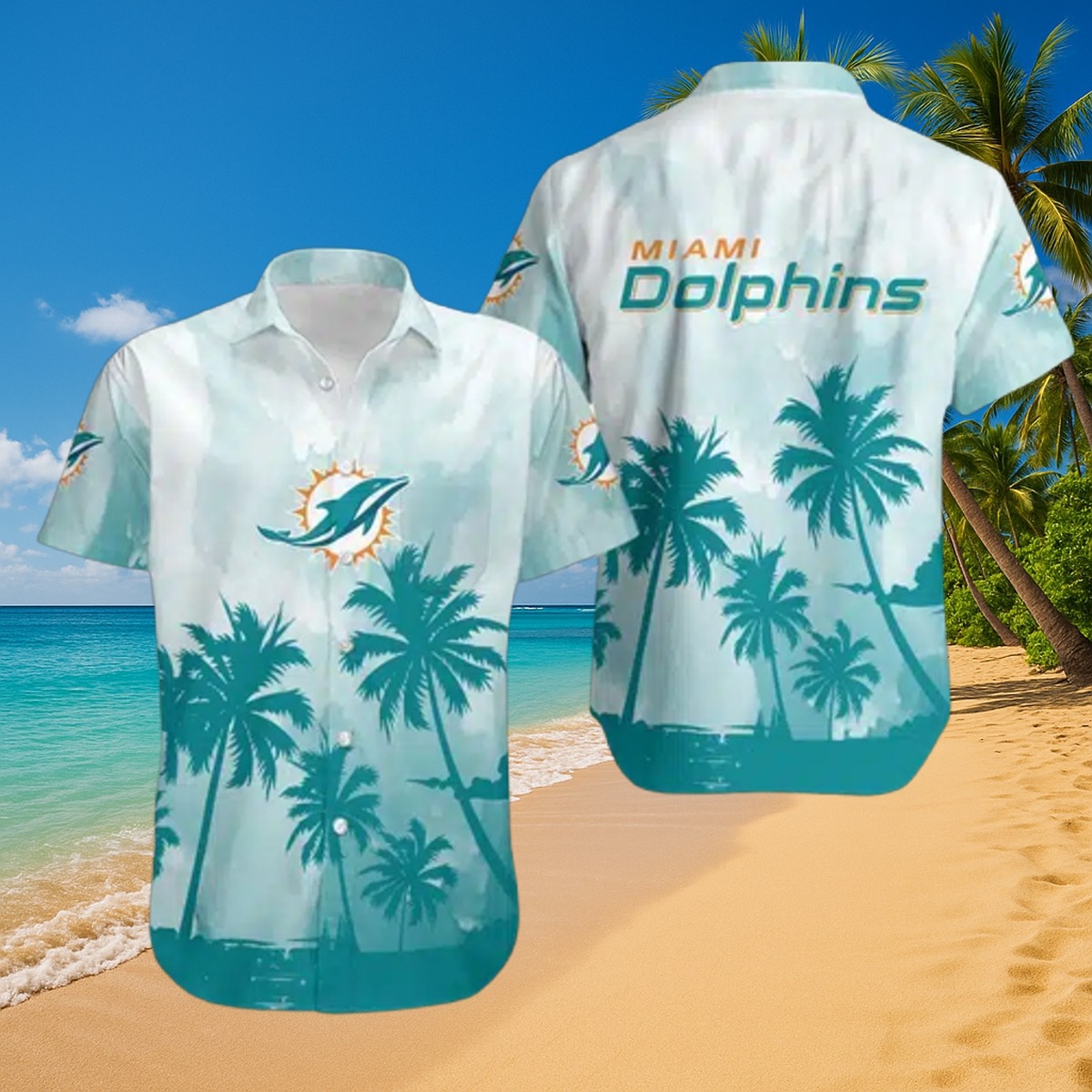 Men s Miami Dolphins Tropical Hawaiian Shirt - NFL Palm Tree Print Short Sleeve Button-Down