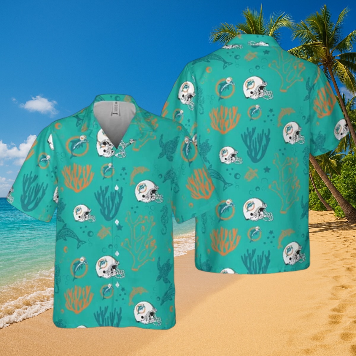 Men s Miami Dolphins Tropical Hawaiian Shirt with Helmet, Coral Reef, and Sea Life Print - Summer Button-Down