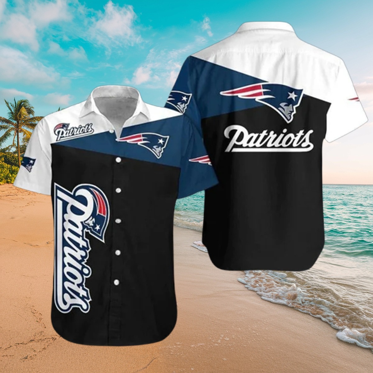 Men s New England Patriots Color Block Hawaiian Shirt - Casual Button Down Short Sleeve with Team Logo