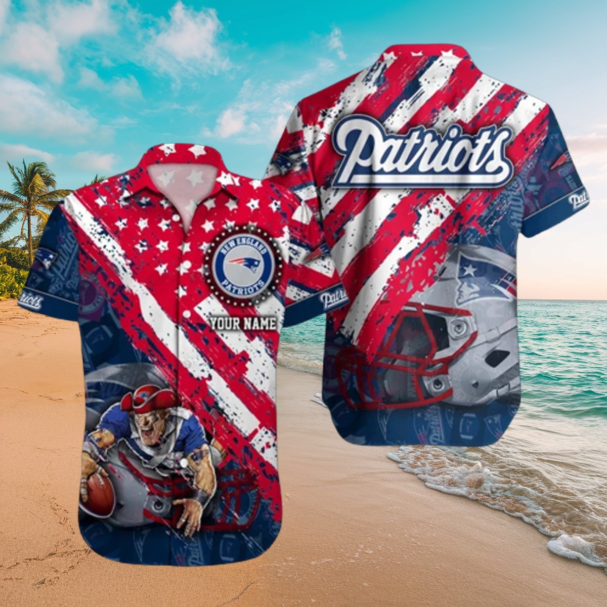 Men s New England Patriots Hawaiian Button Down Shirt - American Flag Stars Stripes Football Graphic