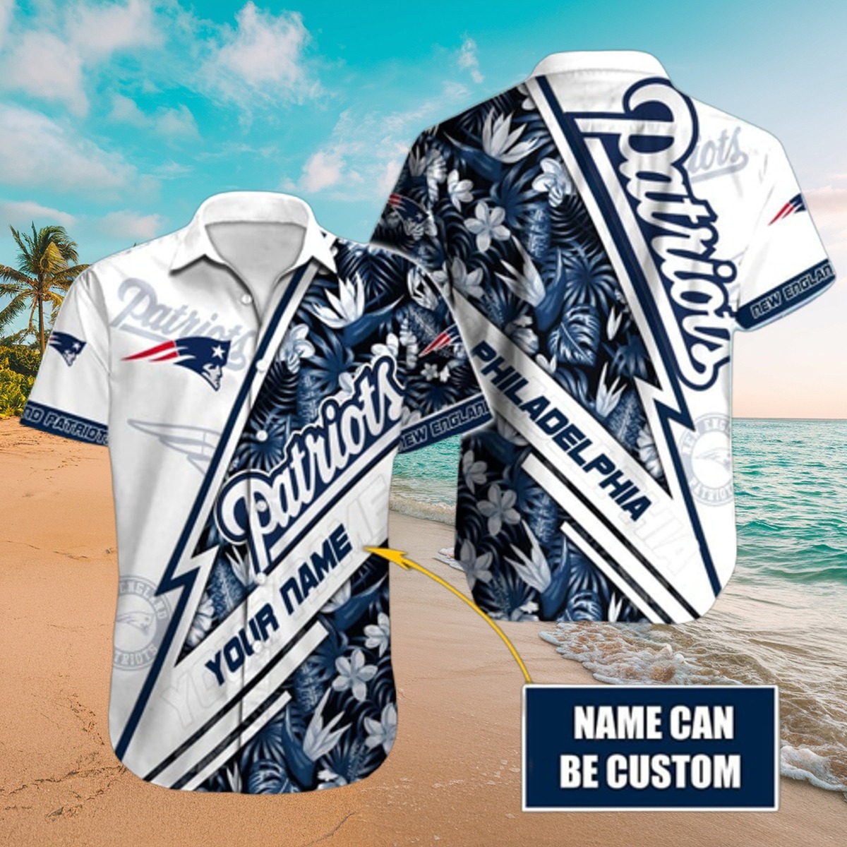 Men s New England Patriots Hawaiian Shirt Custom Name - Tropical Floral Split Design Casual Button Down