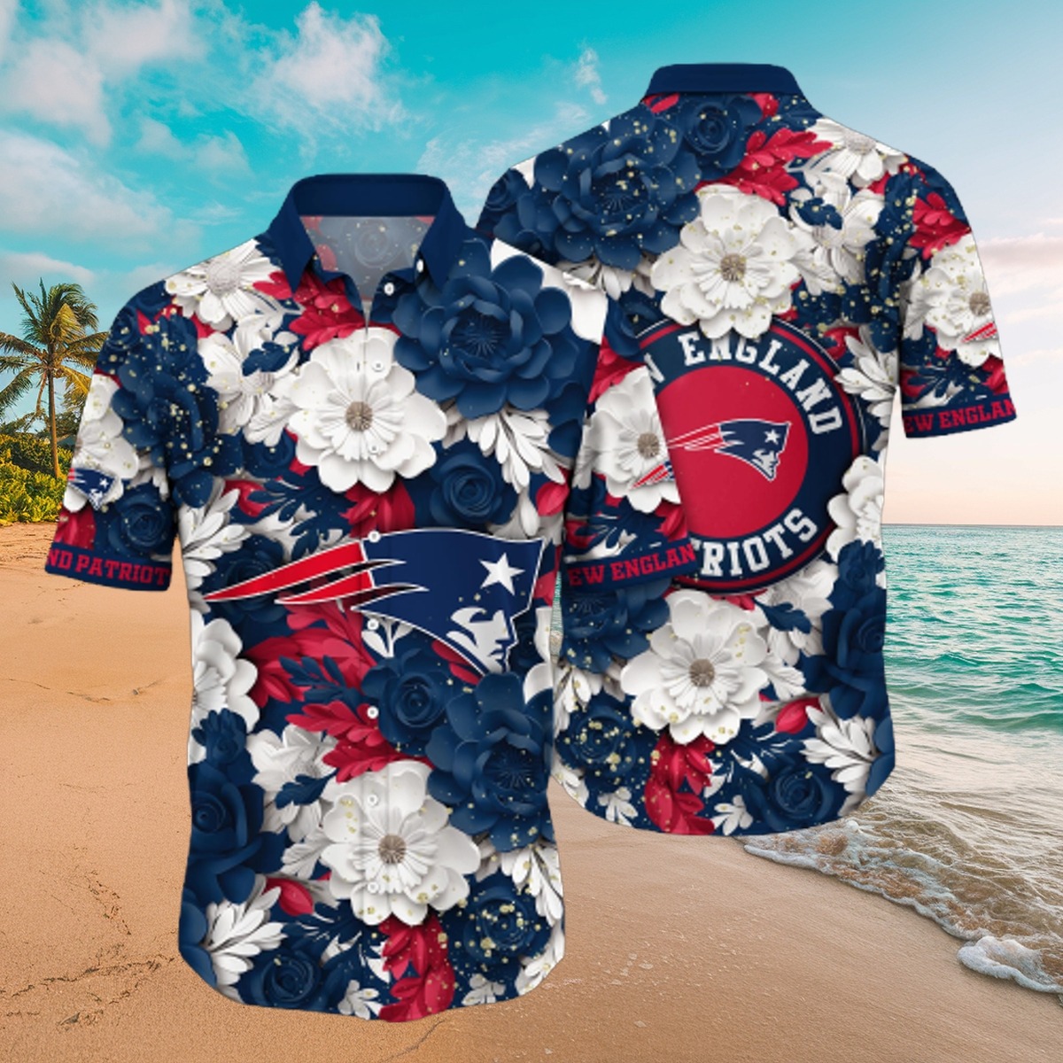 Men s New England Patriots Hawaiian Shirt - Floral Paper Flower Print Aloha Button-Down