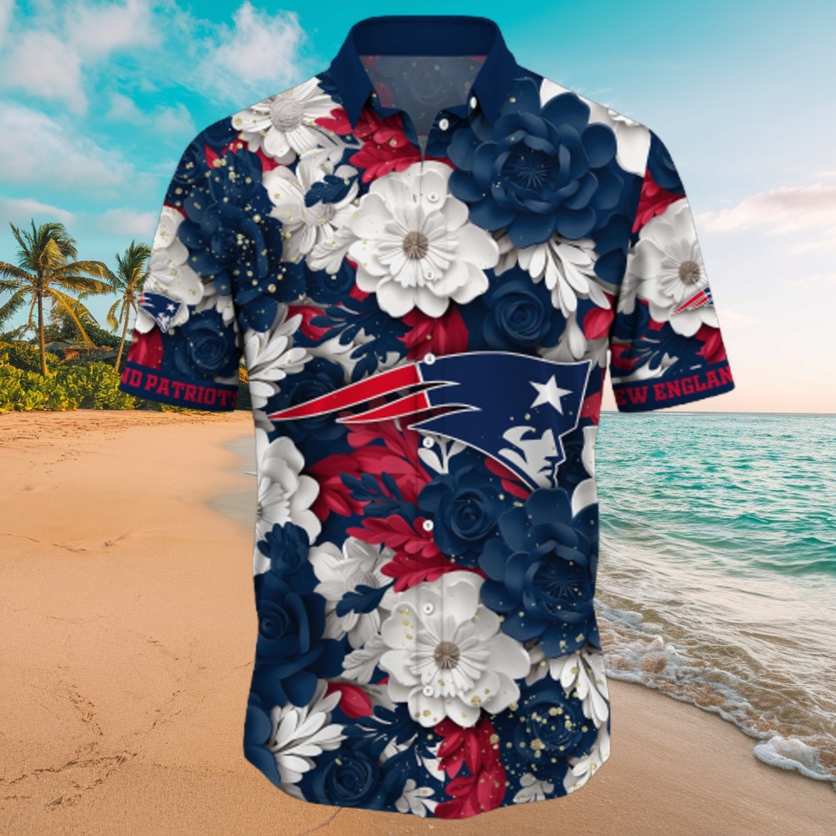 Men s New England Patriots Hawaiian Shirt - Floral Paper Flower Print Aloha Button-Down