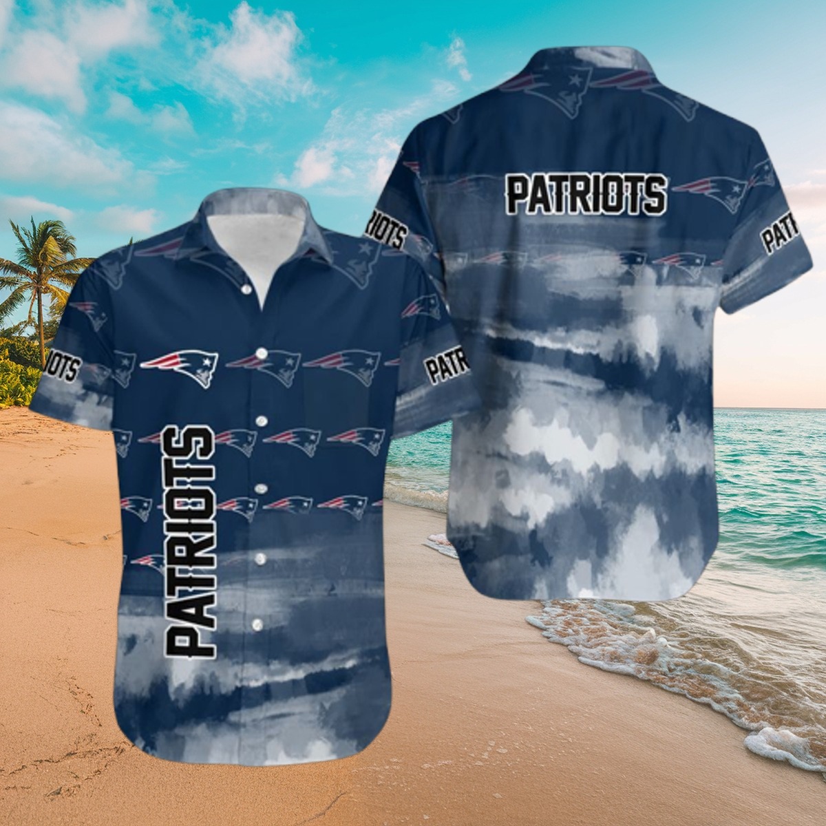 Men s New England Patriots Hawaiian Shirt with Abstract Blue White Pattern - Summer Casual Button-Down
