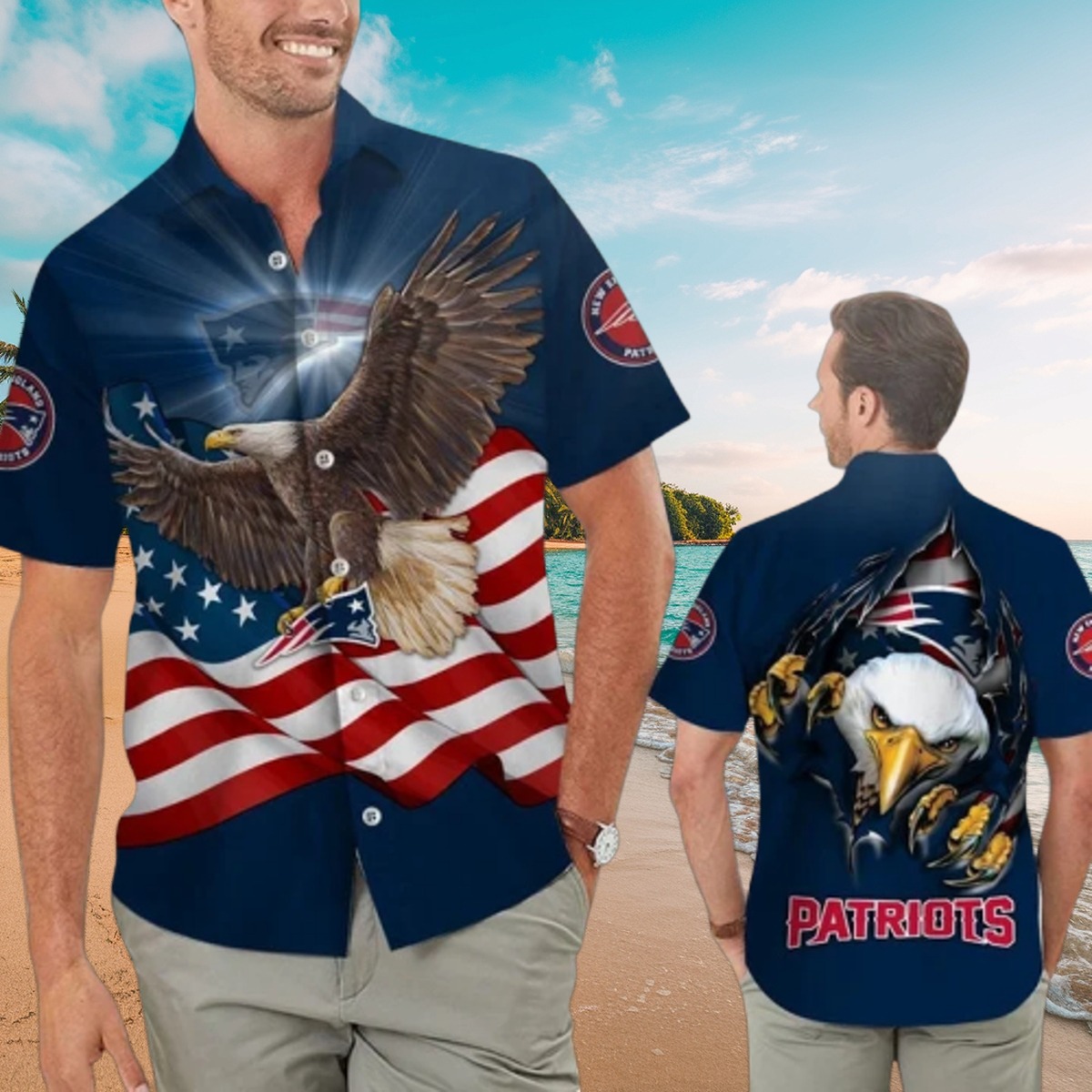 Men s New England Patriots Hawaiian Shirt with Bald Eagle American Flag Ripped Design - Casual Button-Down