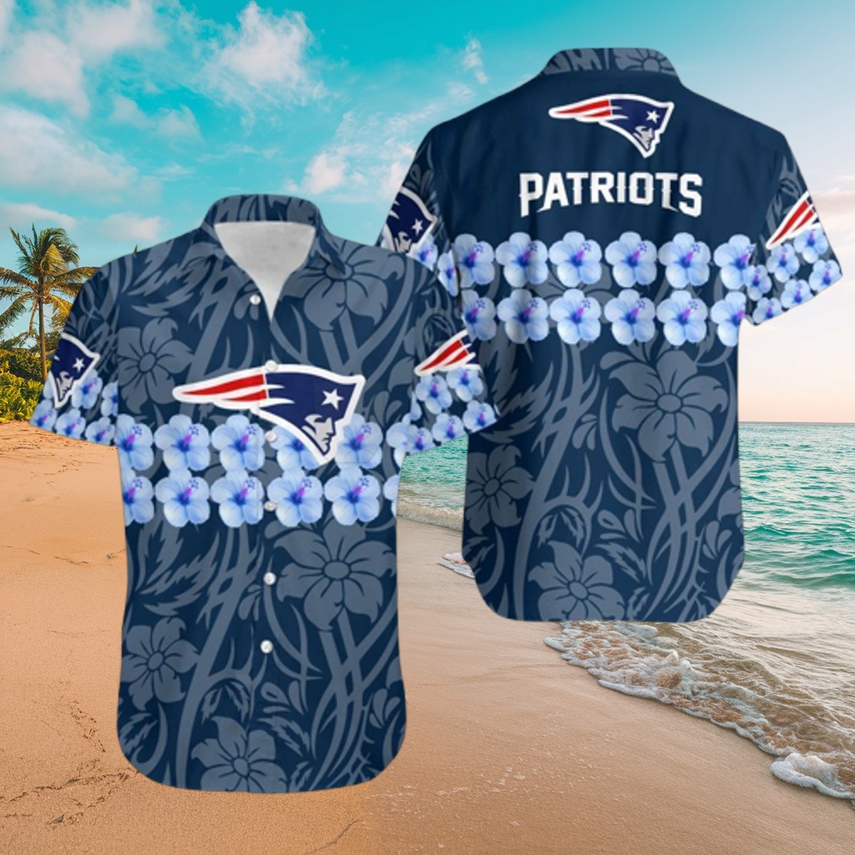 Men s New England Patriots Hawaiian Shirt with Blue Hibiscus Flower Floral Pattern - Tropical Button Down