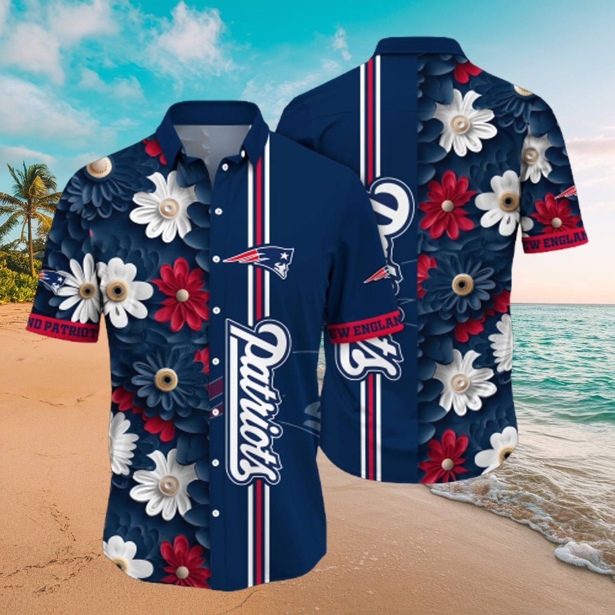 Men s New England Patriots Hawaiian Shirt with Floral Pattern and Vertical Stripes - Casual Summer Button-Down