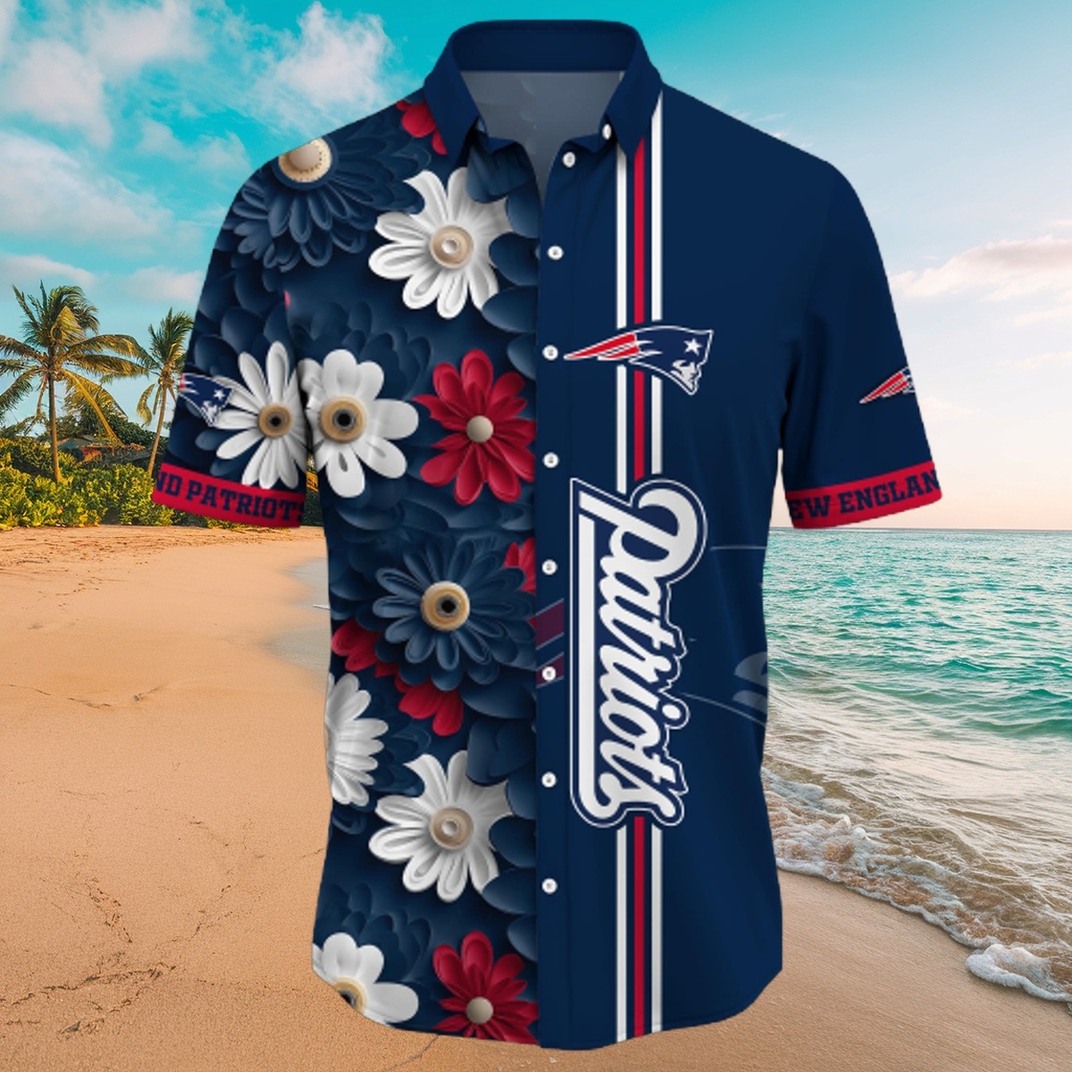 Men s New England Patriots Hawaiian Shirt with Floral Pattern and Vertical Stripes - Casual Summer Button-Down