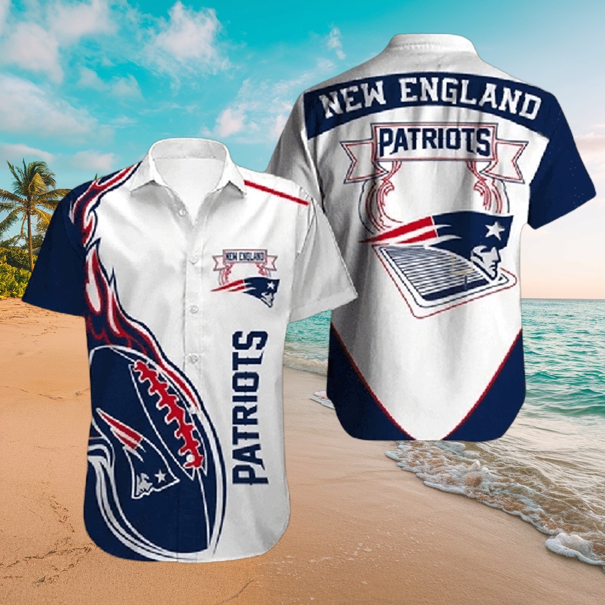 Men s New England Patriots Hawaiian Shirt with Football Flames Graphic Print - Casual Summer Button-Down