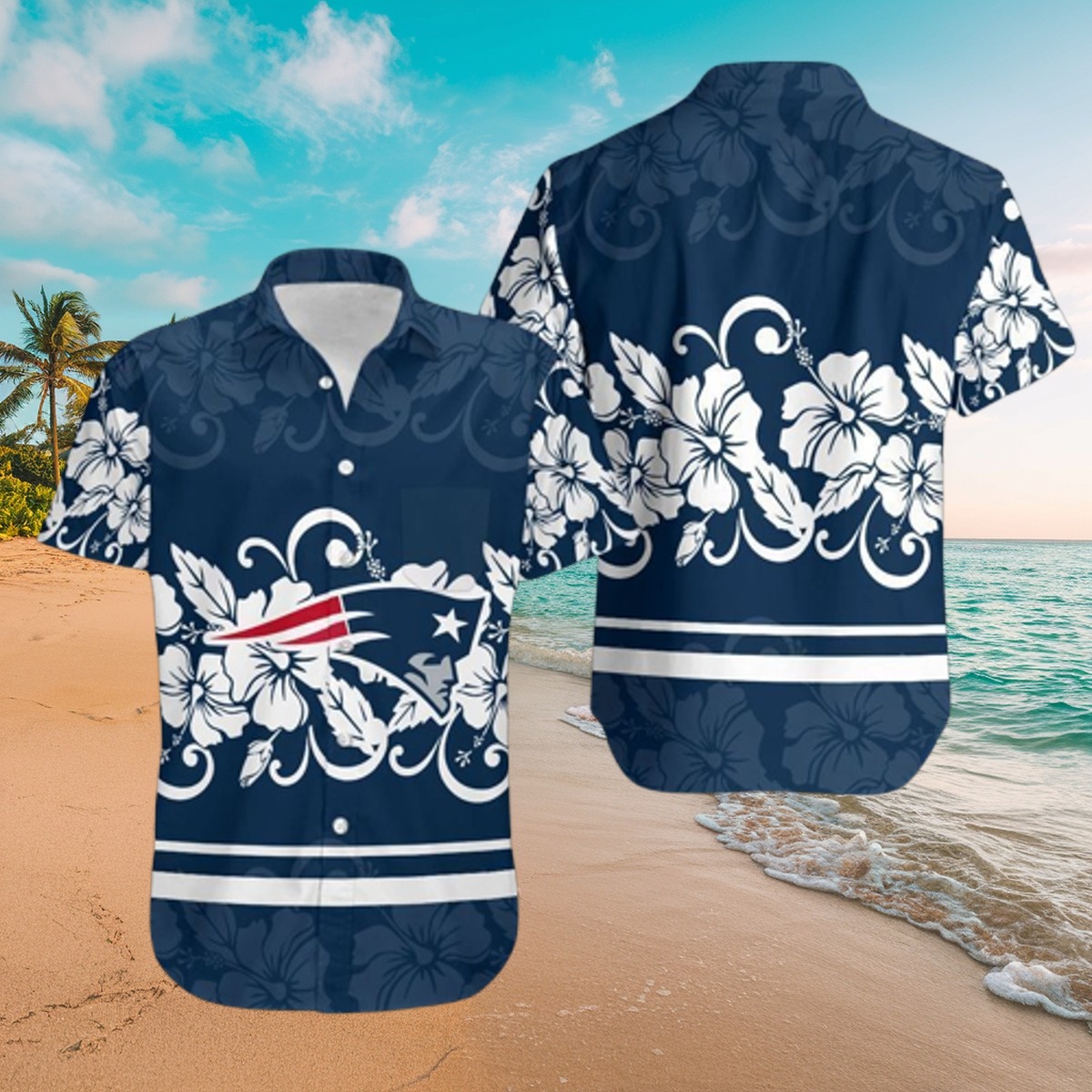 Men s New England Patriots Hawaiian Shirt with Navy Blue and White Hibiscus Floral Print - Casual Button-Down