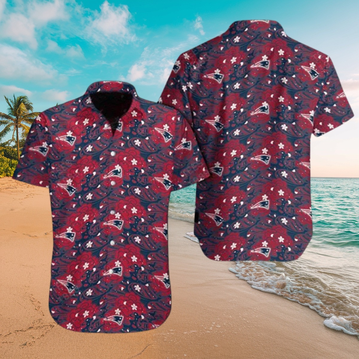 Men s New England Patriots Hawaiian Shirt with Paisley and Floral Print - Red Navy Casual Button-Down