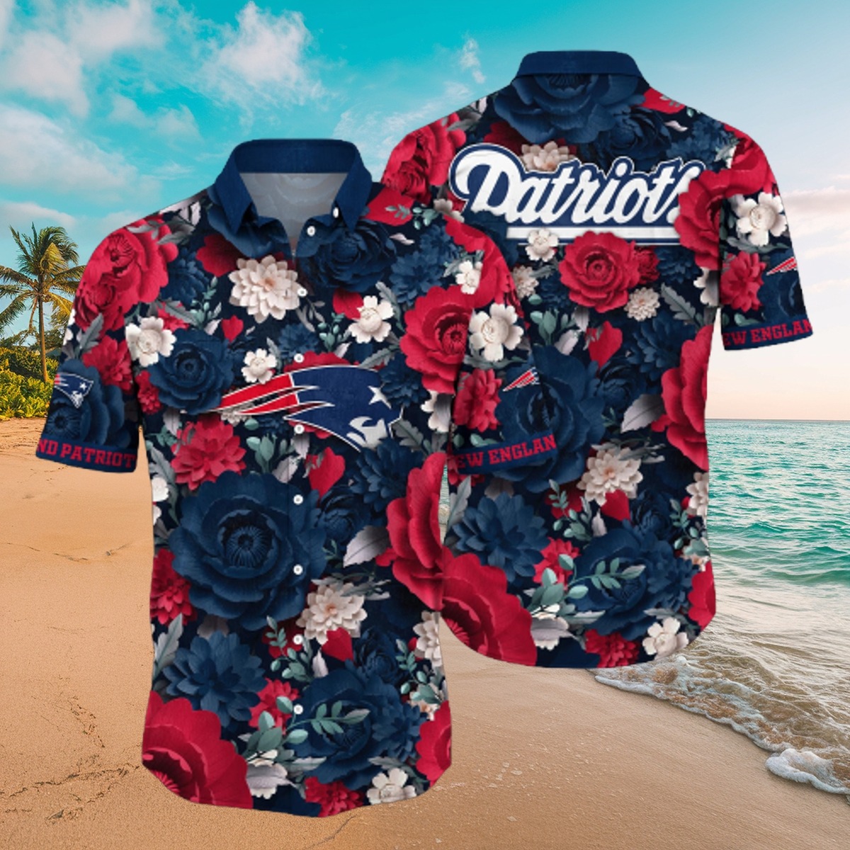 Men s New England Patriots Hawaiian Shirt with Red White Blue Floral Print - Tropical Button-Down