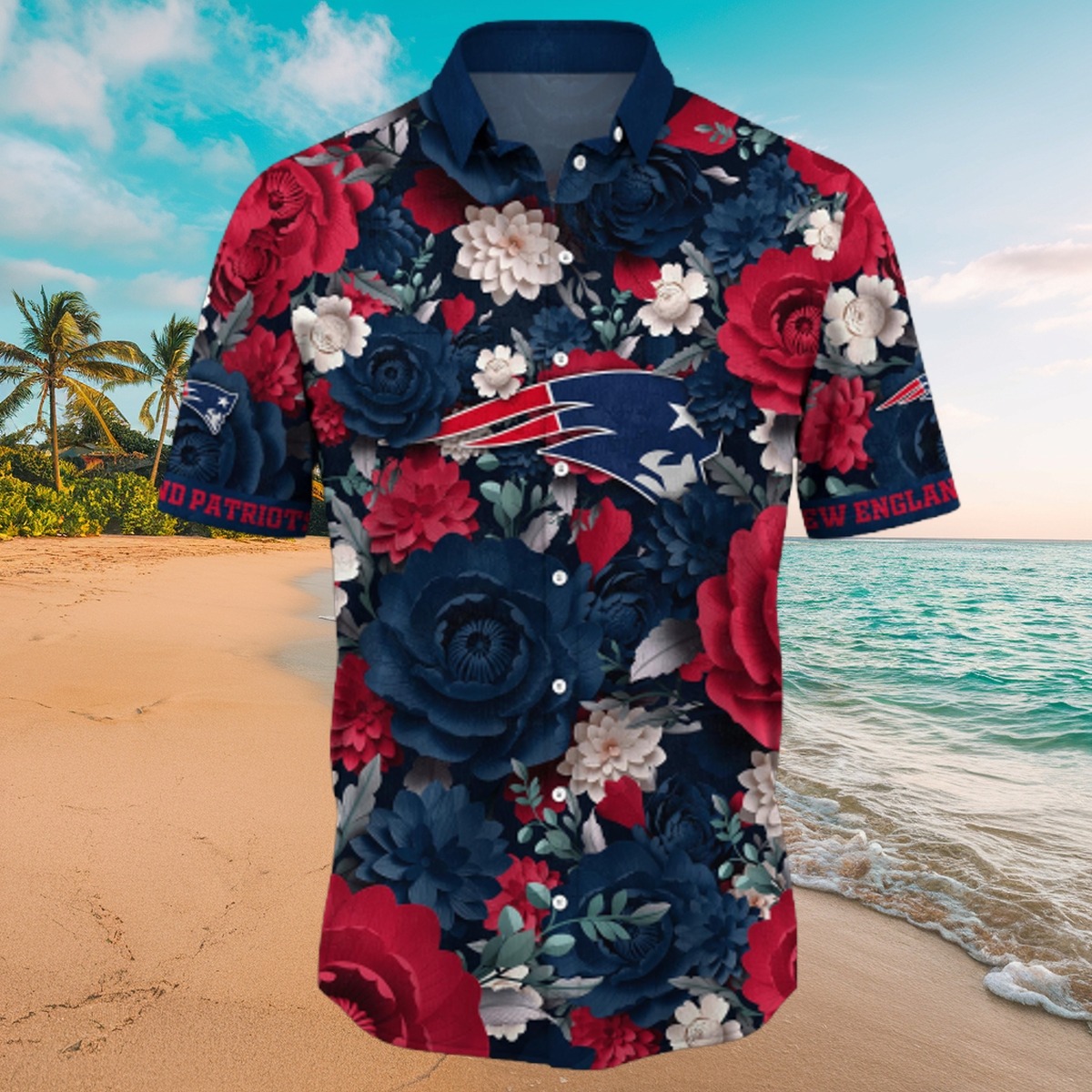 Men s New England Patriots Hawaiian Shirt with Red White Blue Floral Print - Tropical Button-Down