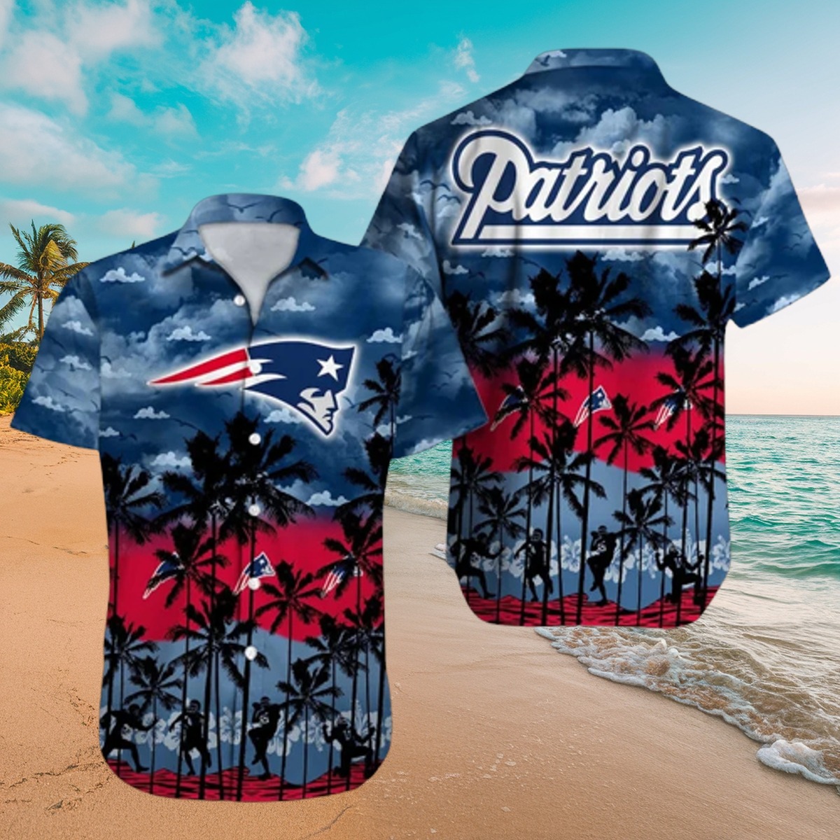 Men s New England Patriots Hawaiian Shirt with Tropical Beach Scene, Palm Trees Football Player Silhouettes - Casual Button-Down