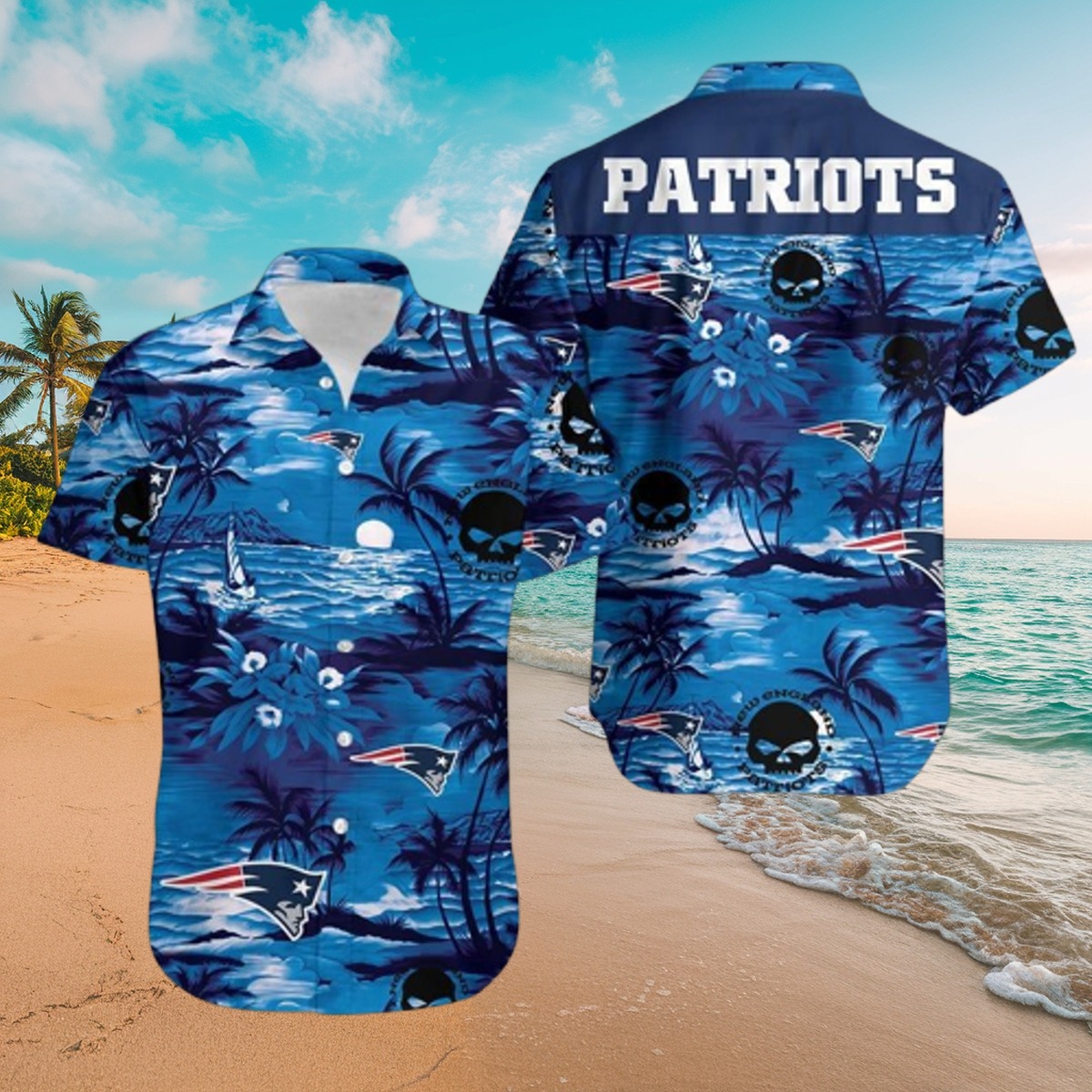 Men s New England Patriots Hawaiian Shirt with Tropical Beach Skull Pattern - Casual Button Down