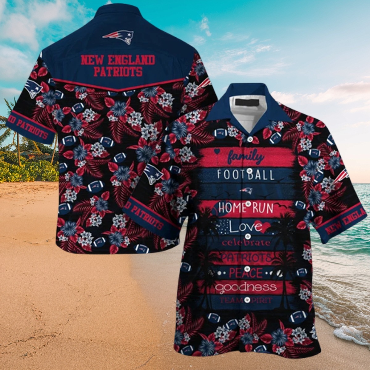 Men s New England Patriots Hawaiian Shirt with Tropical Floral, Footballs, and Team Text Print - Casual Summer Button Down