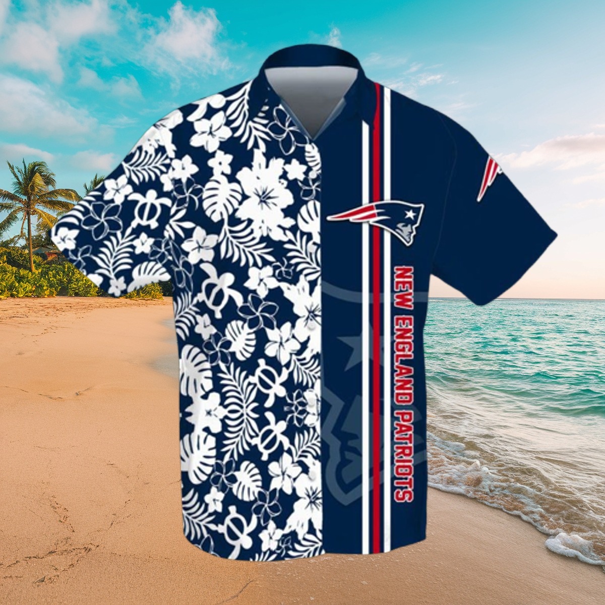 Men s New England Patriots Hawaiian Shirt with Tropical Floral Turtle Pattern - Split Design Button Down
