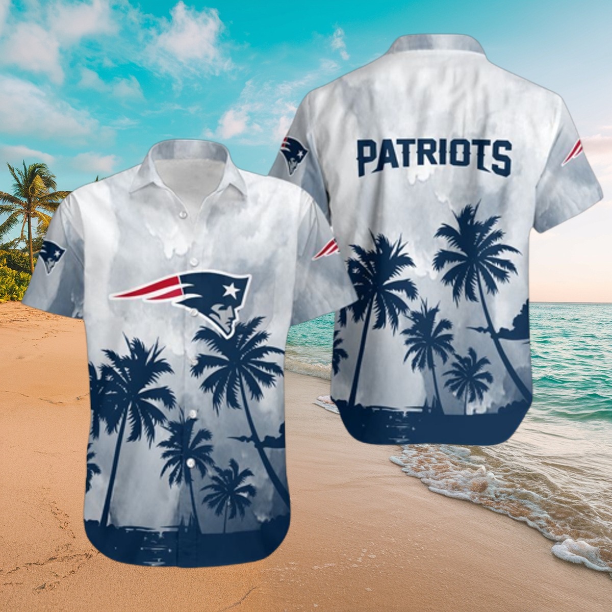 Men s New England Patriots Hawaiian Shirt with Tropical Palm Trees - Button Down