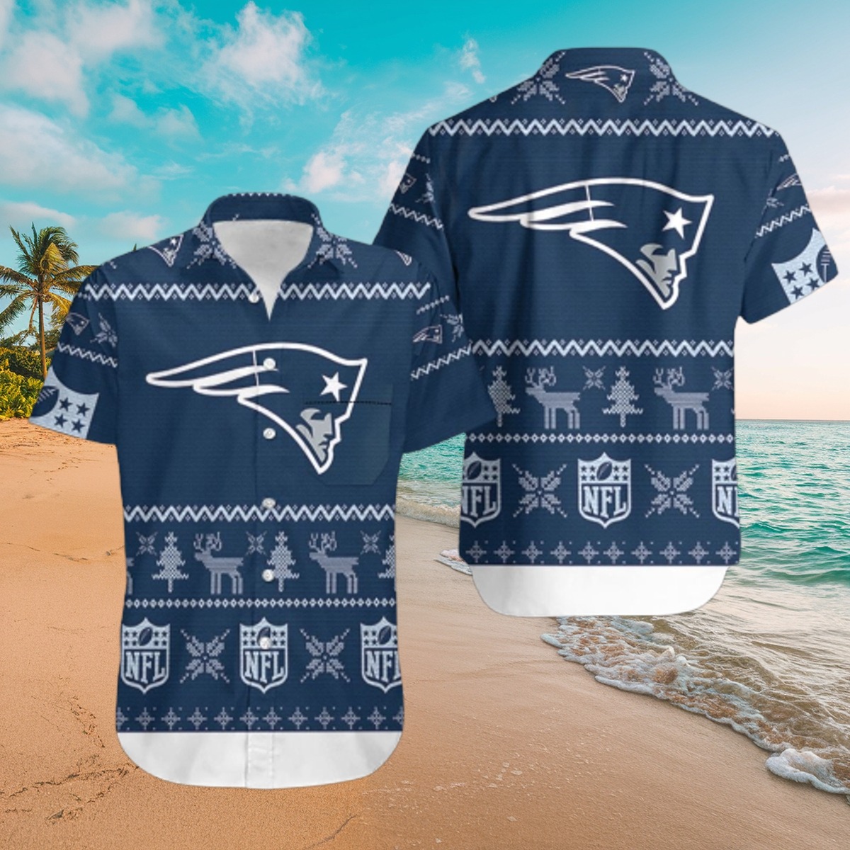 Men s New England Patriots NFL Ugly Christmas Sweater Pattern Hawaiian Button-Down Shirt - Holiday Reindeer Trees Tropical Style